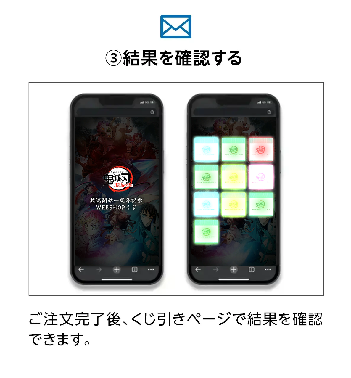 ③結果を確認する。ご注文完了後、くじ引きページで結果を確認できます。